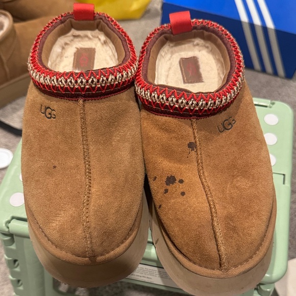 UGG Shoes - UGG Tan Slippers with Red Trim